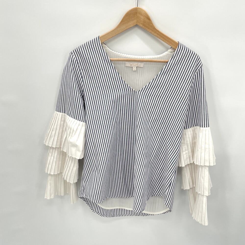 WAYF V Neck Bell Sleeve Striped Cotton Blend BlouseTop // S